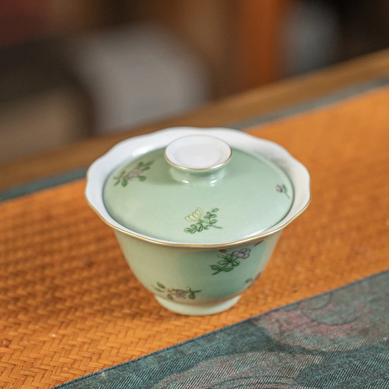 茶诵赋山堂石青花卉葵口盖碗中式手工手绘陶瓷泡茶碗景德镇120ml