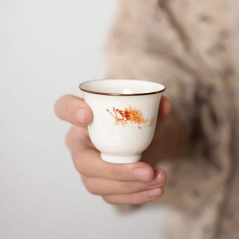 迪斋矾红金鱼诗文品茗杯单杯主人杯家用高档主人杯茶杯单杯多款