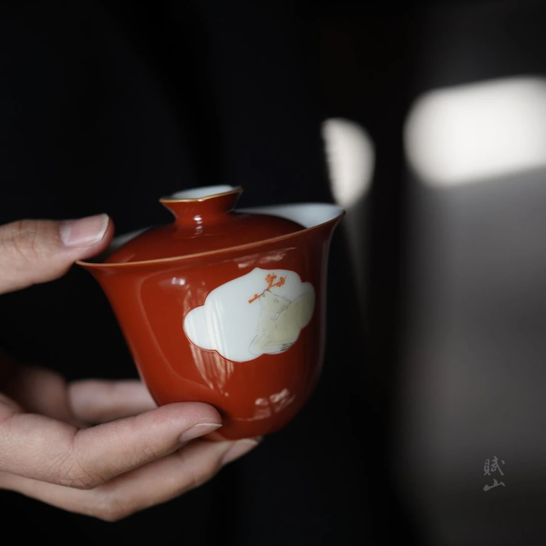 茶诵绛红 鹿鹤同春 茶具 盖碗 100ml 小茶壶 100ml 壶承手绘陶瓷