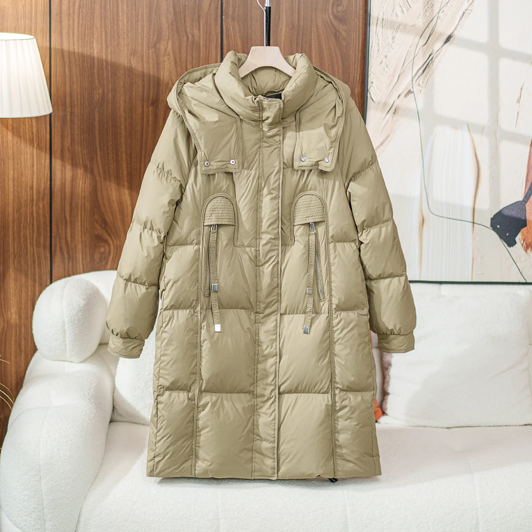 2024冬季新款中长款宽松连帽白鸭绒羽绒服保暖外套