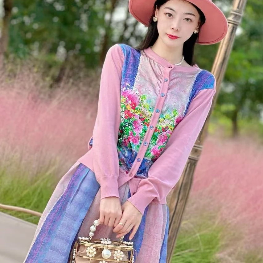 【多米拉】23122四色秋冬新款时尚显瘦印花设拼接超仙针织上衣 女装