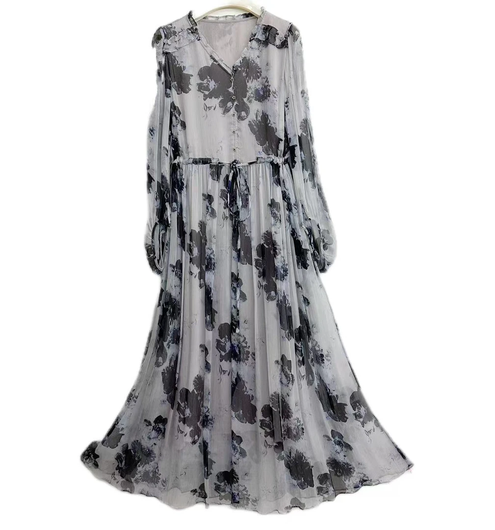 【多米拉】07624-1桑蚕丝连衣裙宽松气质时尚印花优雅春夏