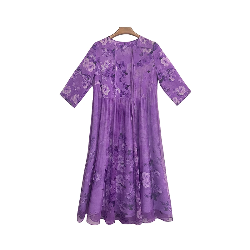 【多米拉】05223紫陌红尘夏季桑蚕丝连衣裙梦幻紫色系时尚女士裙子