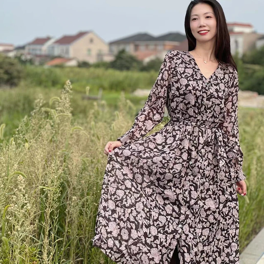 【多米拉】11623秋装新款桑蚕丝亚麻印花连衣裙复古法式气质时尚