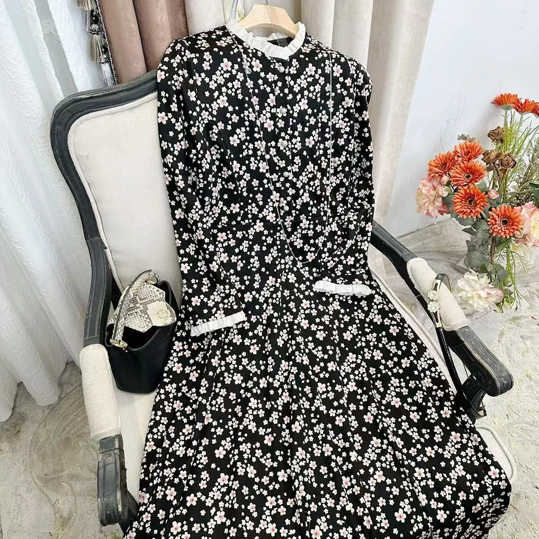 【多米拉】02624-3桃花朵朵秋冬新款连衣裙时尚印花长袖百搭法式气
