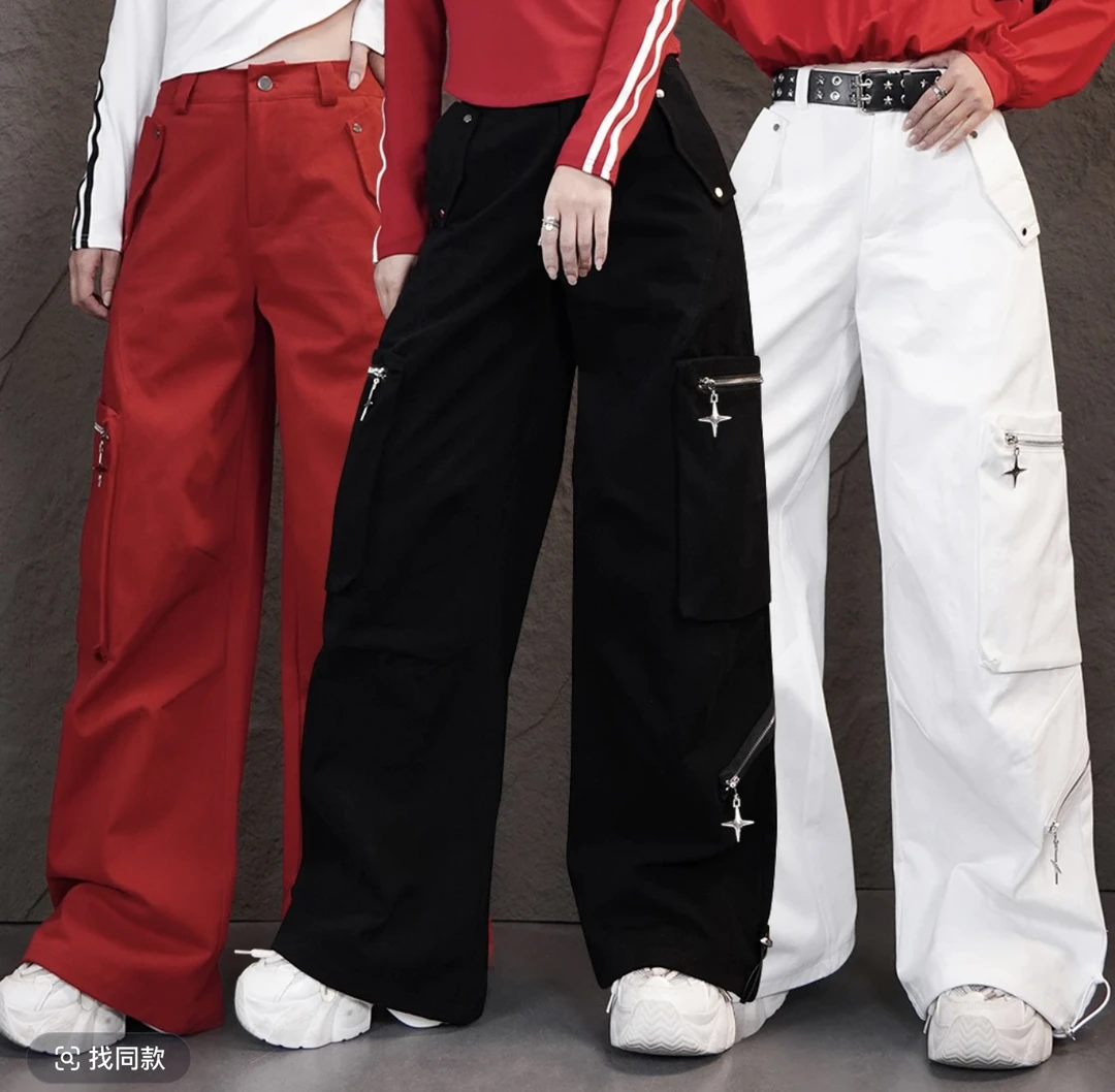 2025时尚金属感拉链工装裤女宽松显瘦阔腿休闲裤0156