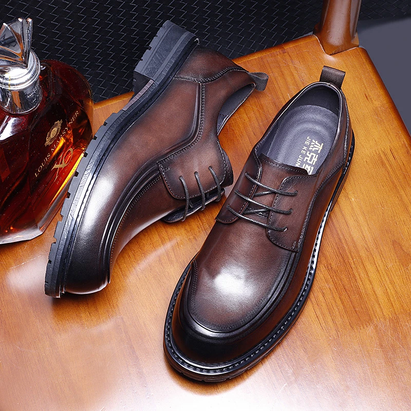 大头皮鞋男真皮商务正装复古英伦风温州系带上等头层牛皮德比男鞋