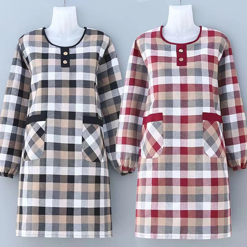 纯棉长袖围裙时尚洋气格子罩衣男女家用厨房做饭防油污上班工作服