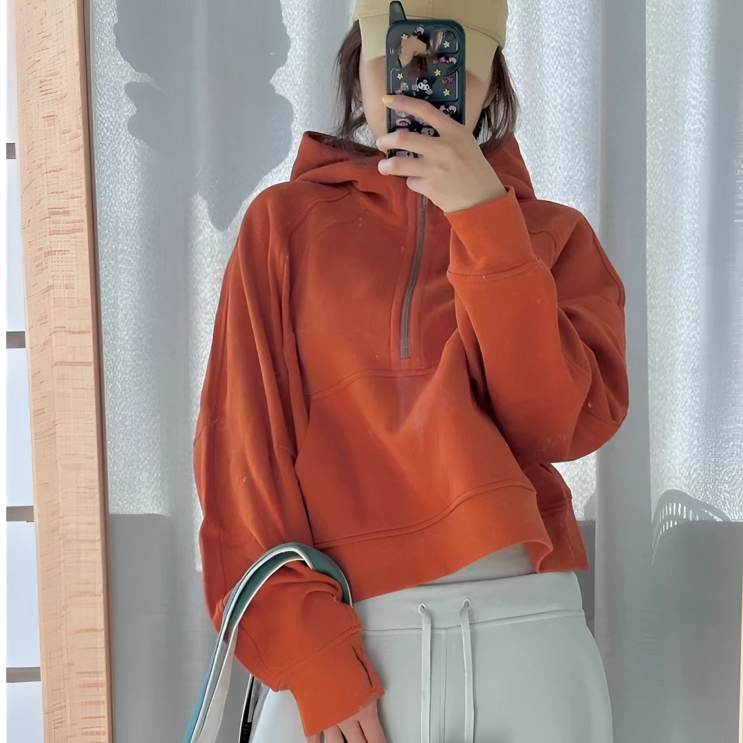 lulu同款scuba连帽加绒半拉链卫衣女士宽松秋冬款外套健身瑜伽服