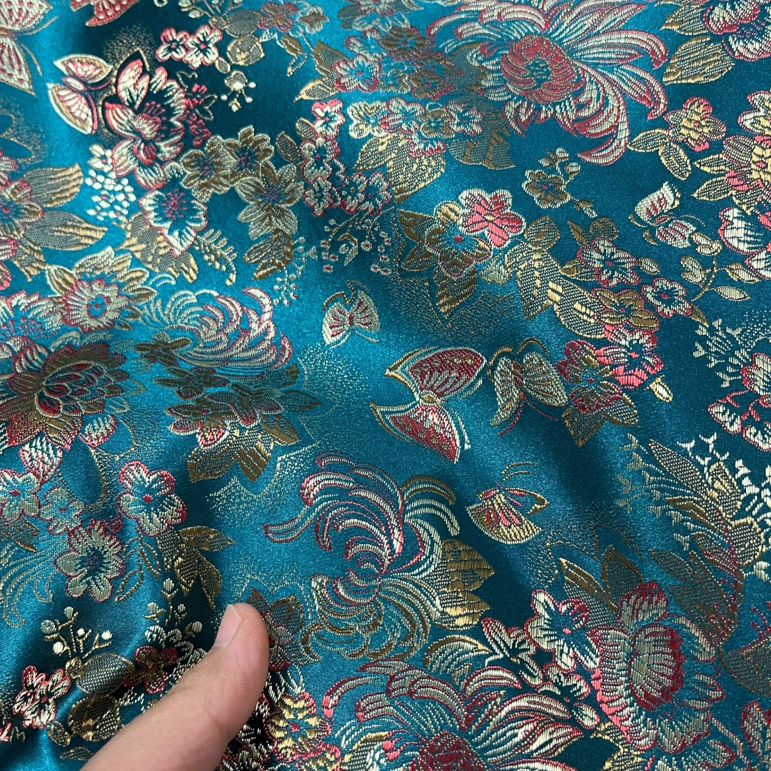 孔雀蓝万花蝴蝶 幅宽75公分织锦缎高织高密国风服装面料做手工