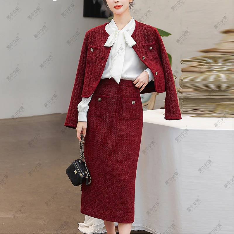 The Fog Girl/雾中女孩小香风裙套装酒红色气质复古长袖高腰包臀