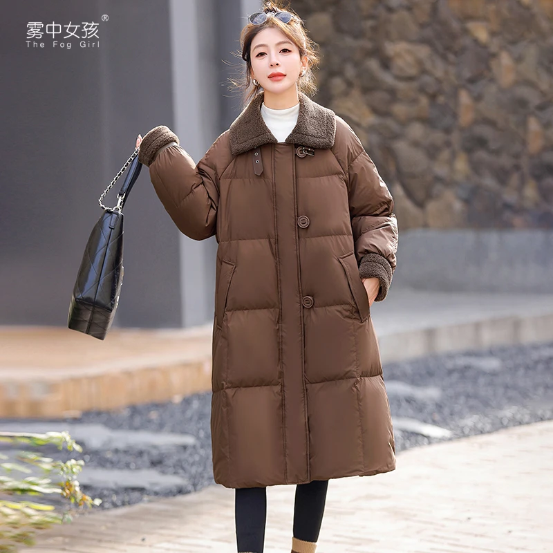领子拼接中长款羽绒服女2023冬上新韩版时尚洋气白鸭绒保暖外套
