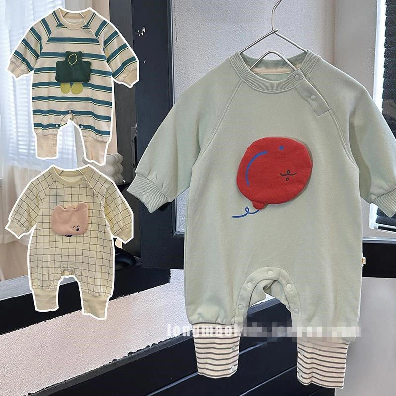 婴幼儿春秋季连体衣新款洋气可爱婴童格子条纹连体衣秋款宝宝衣服