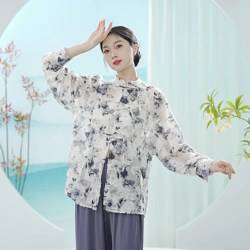 3386 D春夏新款现代舞国风提花哦暗扣新中式衬衫古典舞练功服飘逸
