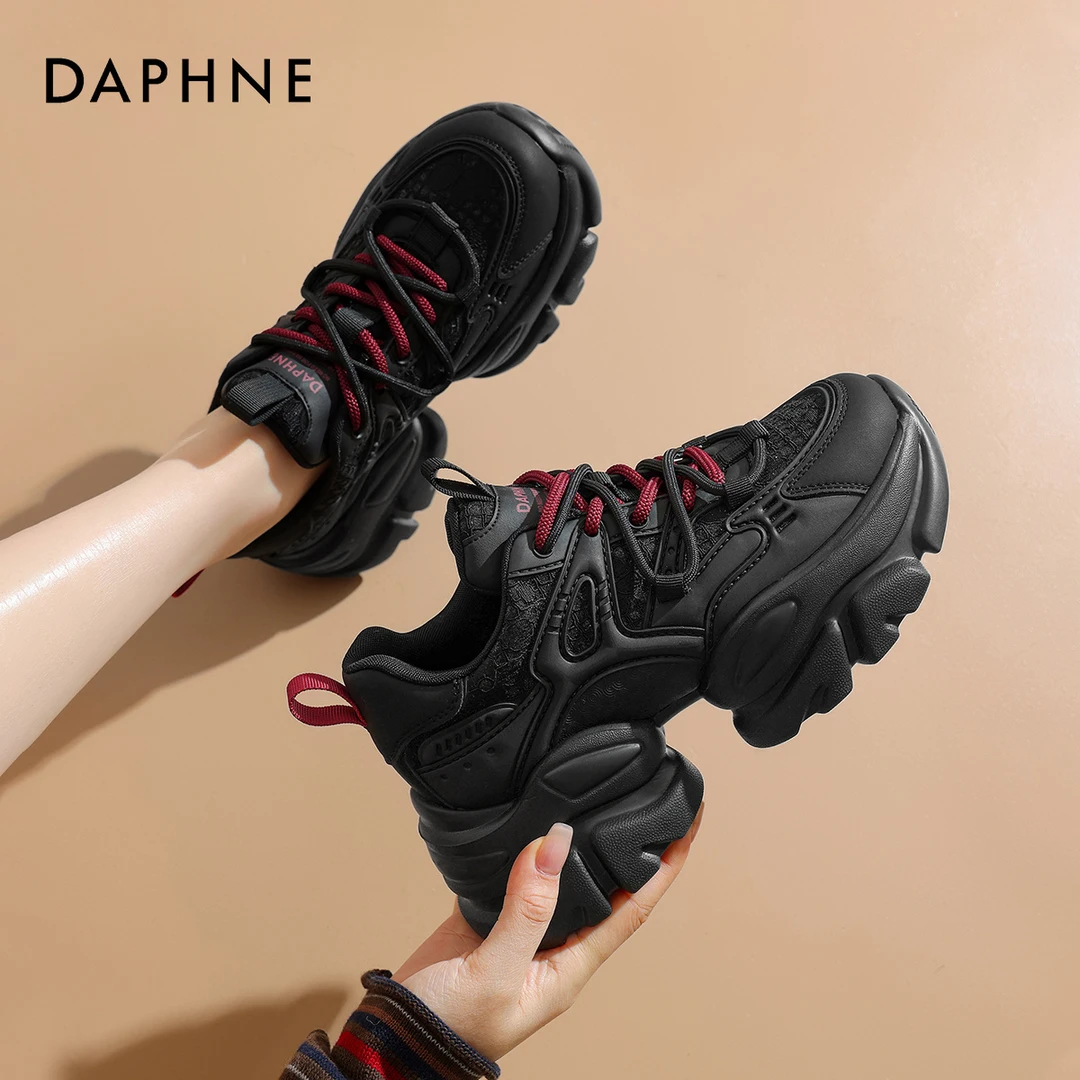 达芙妮厚底老爹鞋女2025新款春季黑色设计感休闲鞋舒适透气运动鞋