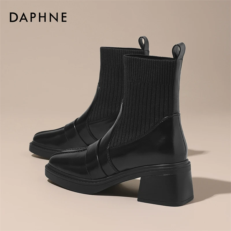 达芙妮一脚蹬厚底弹力针织短靴女2025秋冬新款轻便高跟瘦瘦靴袜靴