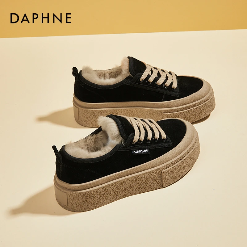 达芙妮冬天厚底鞋子女冬季2025新款加绒加厚毛毛鞋运动鞋保暖板鞋