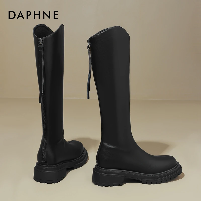 达芙妮黑色v口骑士女靴秋季2025新款靴子厚底网红高筒秋季长筒靴