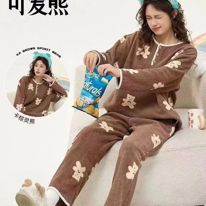 套装圆领家居服秋冬可爱新款长袖甜美卡通舒适加厚宽松睡衣保暖