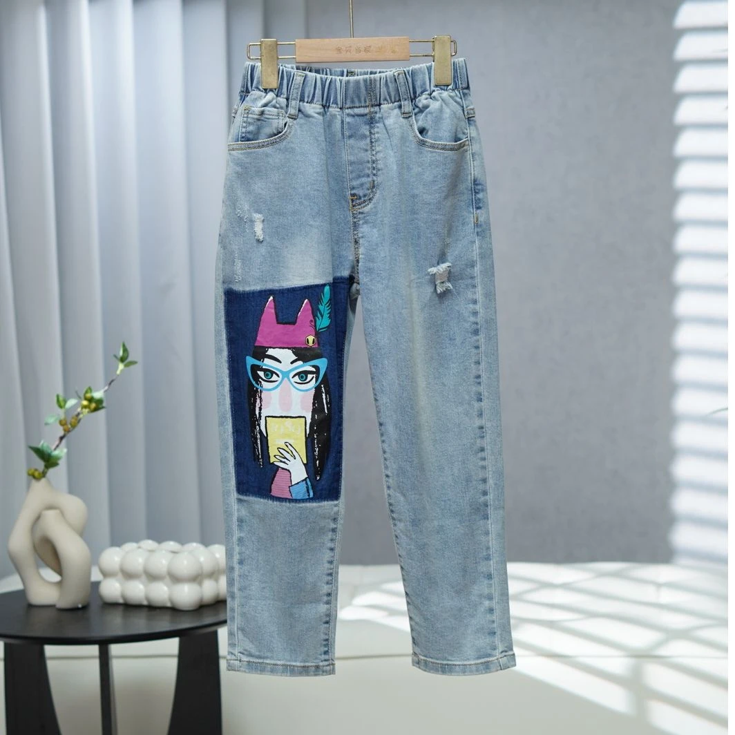 一路童行  A609  大系列 童装中大童针织牛仔九分裤 731162805