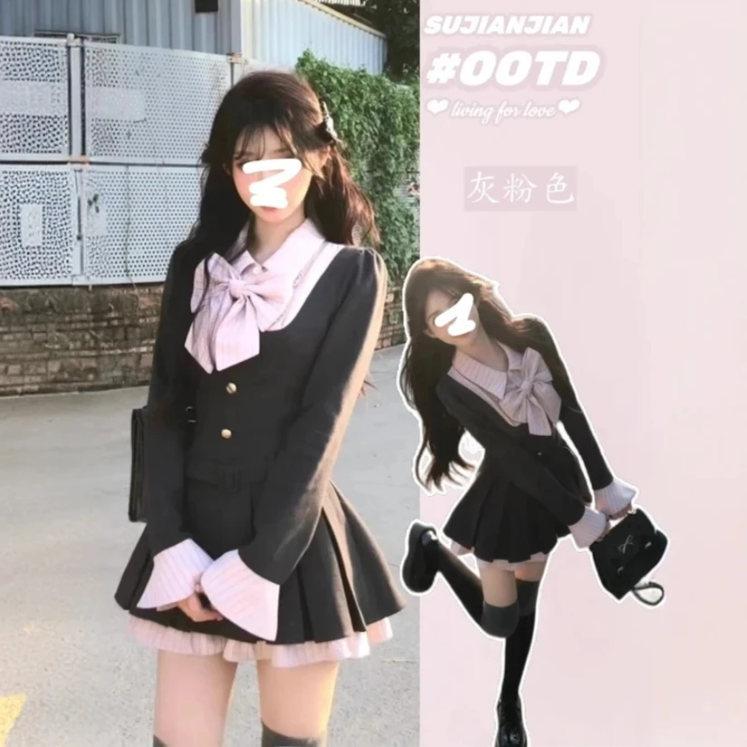 云端-秋季学院风拼接设计感长袖连衣裙显瘦jk黑色学生百褶裙