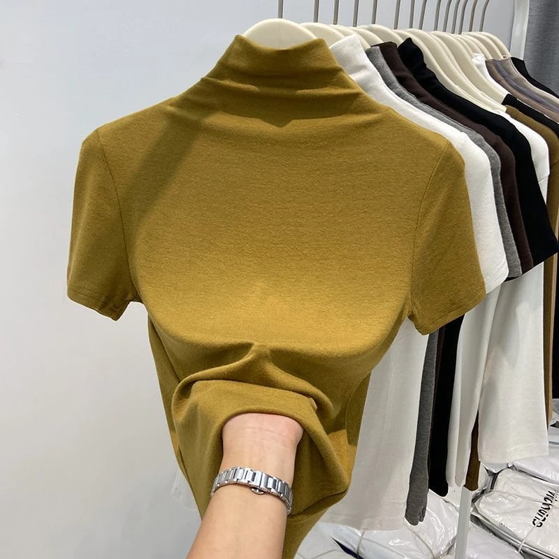 气质半高领螺纹短袖T恤女春秋新款修身显瘦内搭打底衫ins正肩上衣