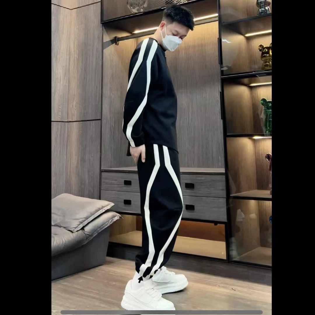 『小宇』xy-7169秋季百搭微宽松潮流男士设计感条纹时尚休闲套装