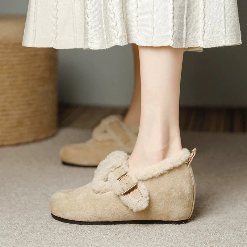 隐形内增高加绒勃肯鞋厚底毛毛鞋外穿秋冬保暖棉鞋坡跟绒面女鞋子