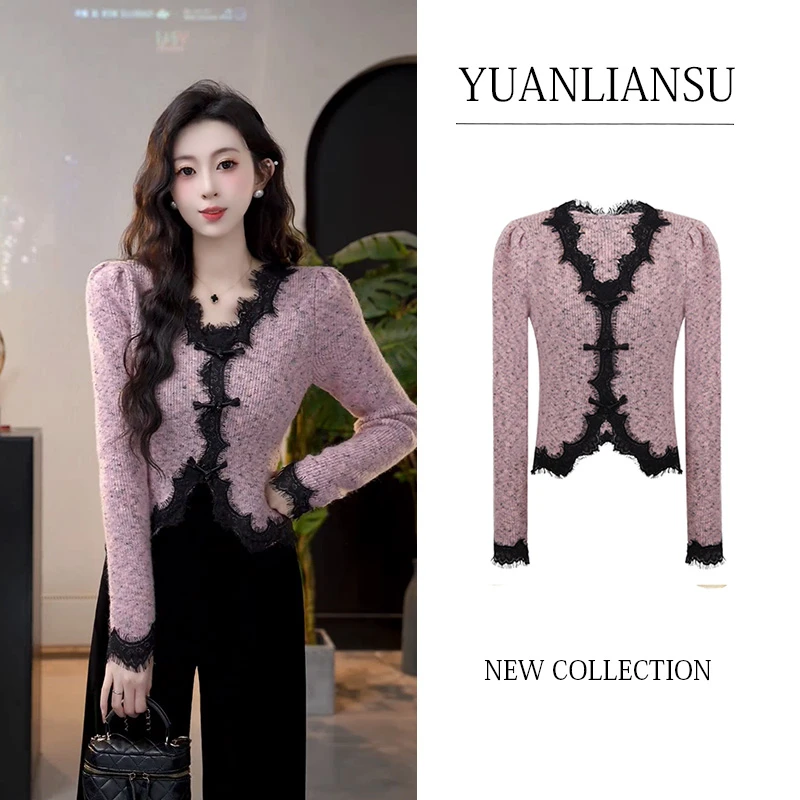 【草莓奶糕】纯欲风拼接蕾丝长袖显瘦针织衫上衣