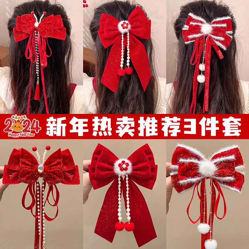 儿童新年头饰大蝴蝶结发夹后脑勺拜年发卡女童过年中国风毛绒发饰