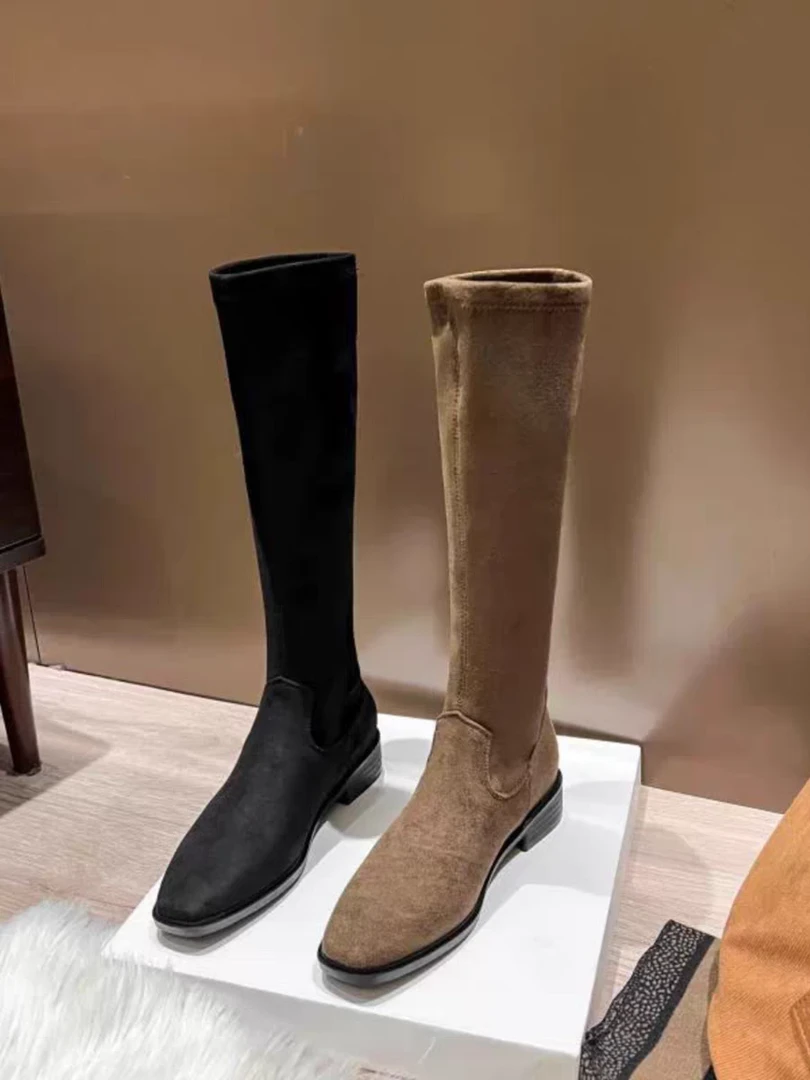 长靴女秋冬不过膝黑色绒面方头低跟弹力高筒靴瘦瘦靴子S617-3C