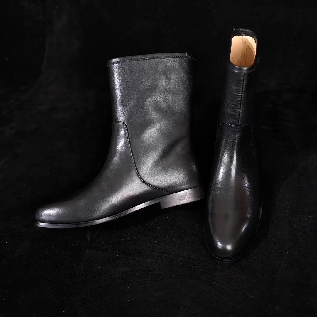【胡小小】马皮/猪皮/牛皮/2厘米极简酷飒尖头平跟机车靴马丁靴短靴