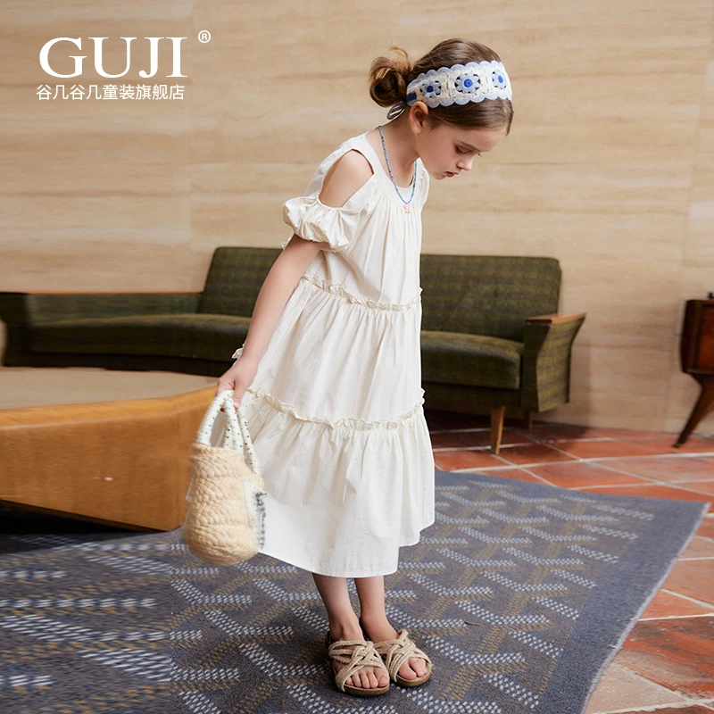 女童露肩连衣裙夏季2024新款洋气礼服短袖公主裙子夏装纯色沙滩裙