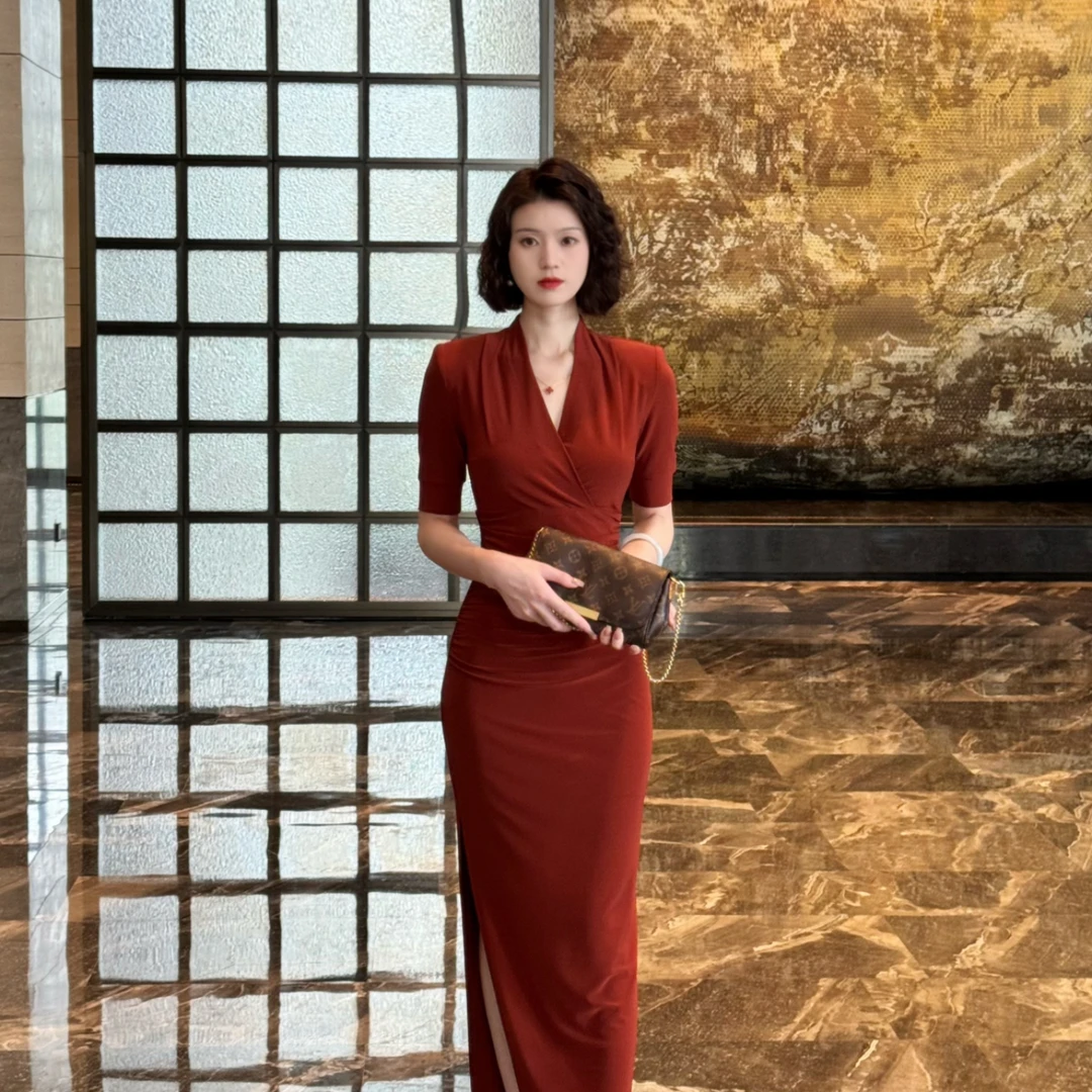 彩彩家【落日余晖】原创夏季显白显瘦修身优雅气质女装连衣裙