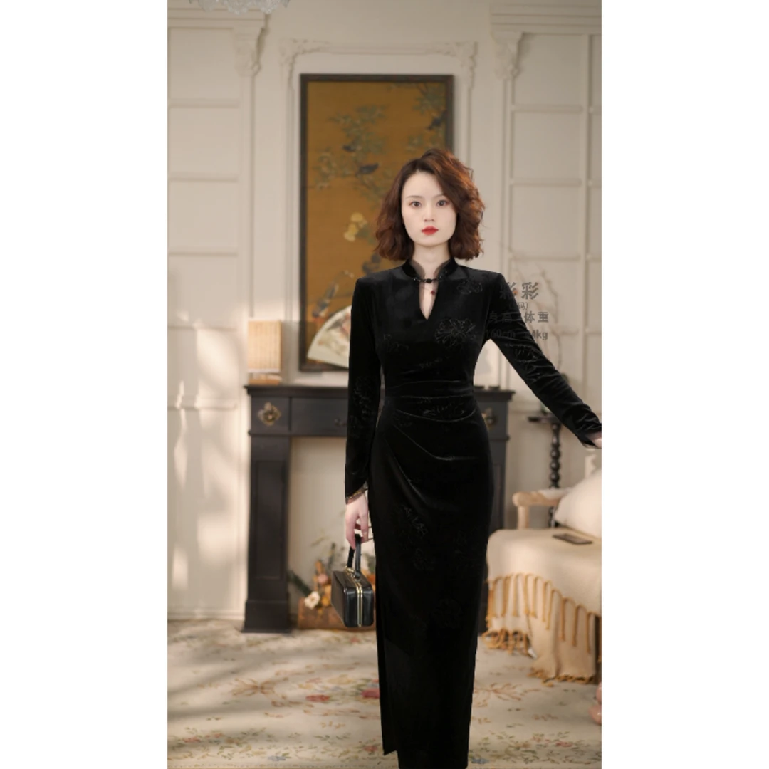 彩彩家【浮香暗影】秋冬季显瘦收腰修身复古牡丹暗花设计改良旗袍