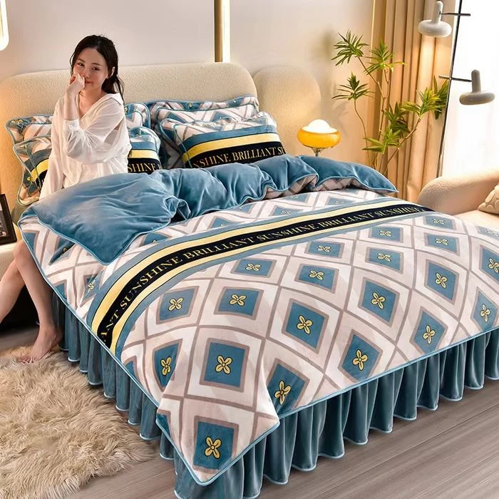 新款加厚床裙款牛奶绒四件套金貂法莱绒秋冬保暖家纺床上用品ym