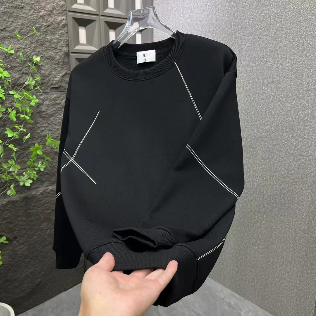 秋冬男士加绒保暖简约时尚潮流休闲百搭线条圆领卫衣82158