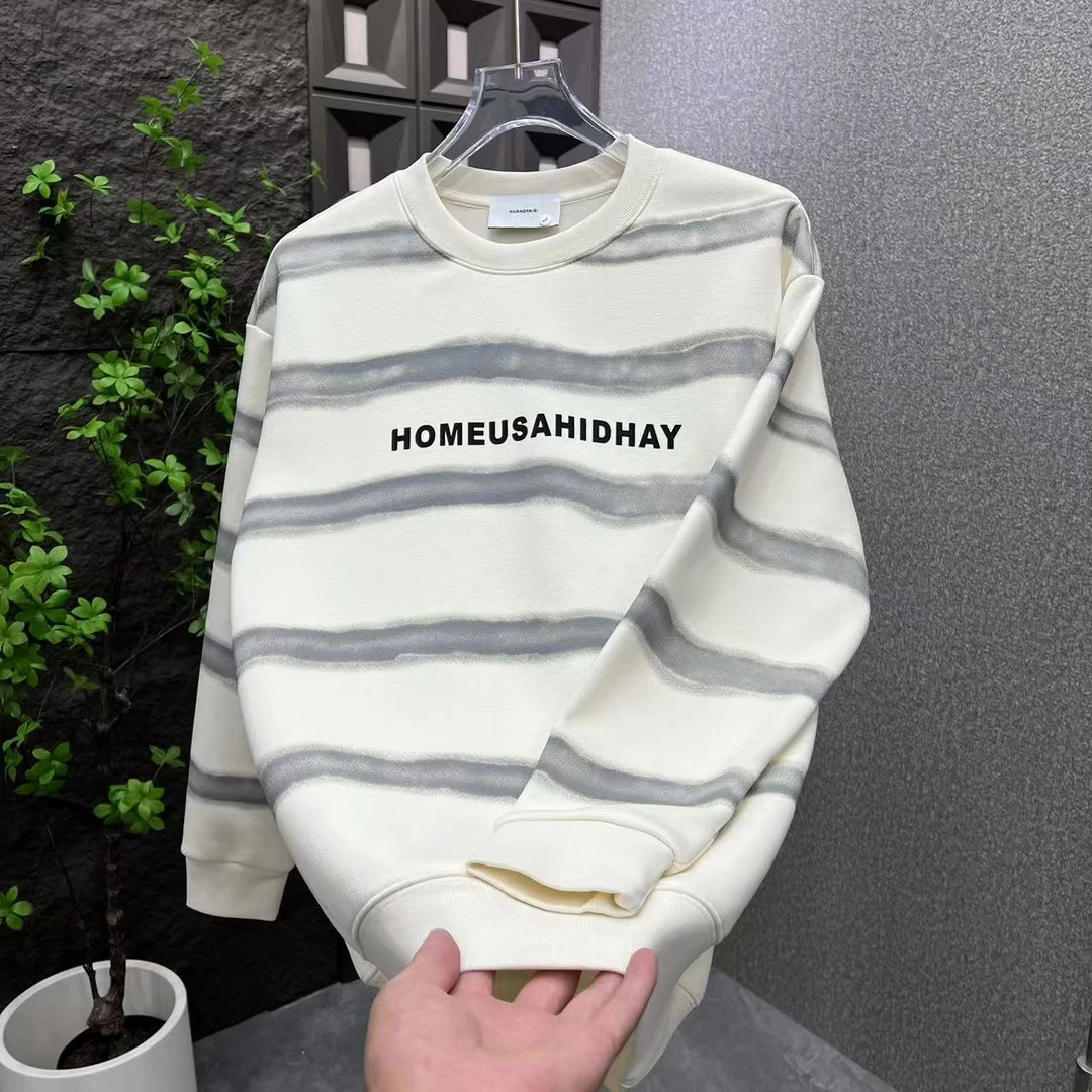 2024秋冬季男士休闲百绣简约轻奢条纹加棉圆领卫衣潮流加绒013