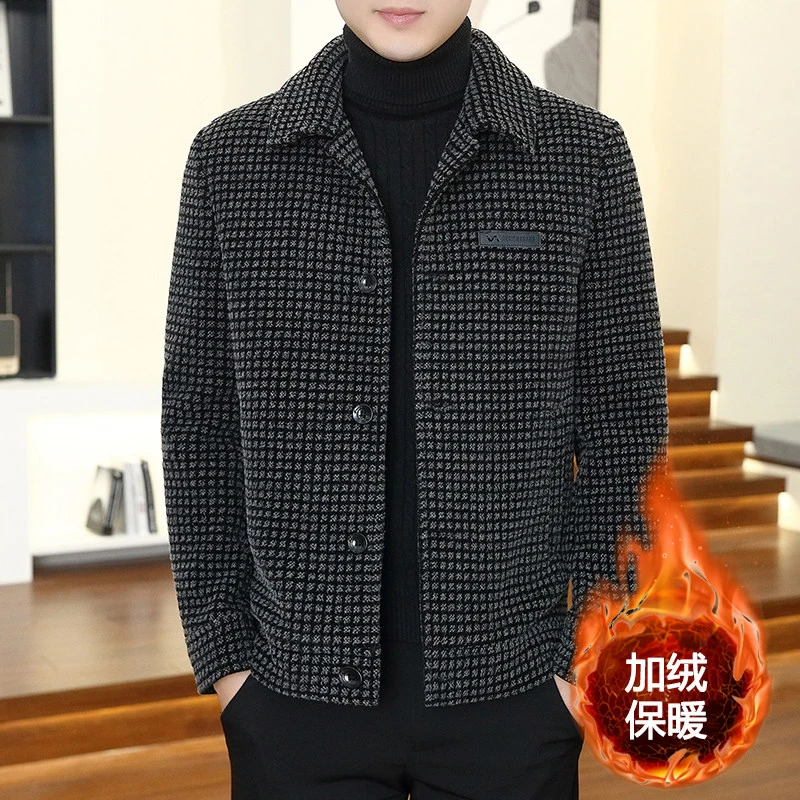 秋冬休闲翻领毛呢2024男士休闲潮流格子加绒加厚保暖短款呢子外套