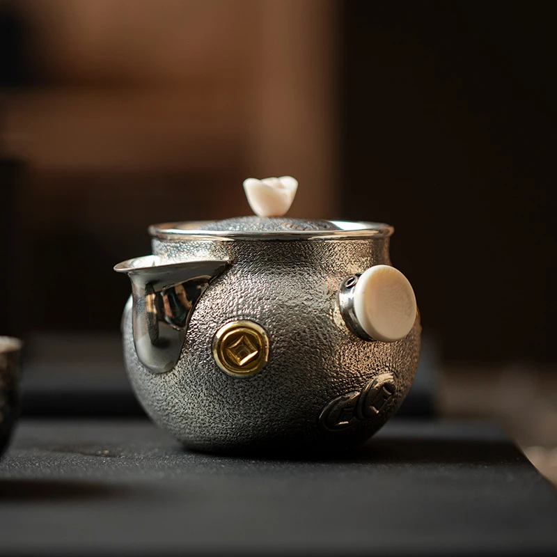 普素 金元宝手抓壶足银999泡茶壶手工银茶壶旅行茶具家用高端茶壶