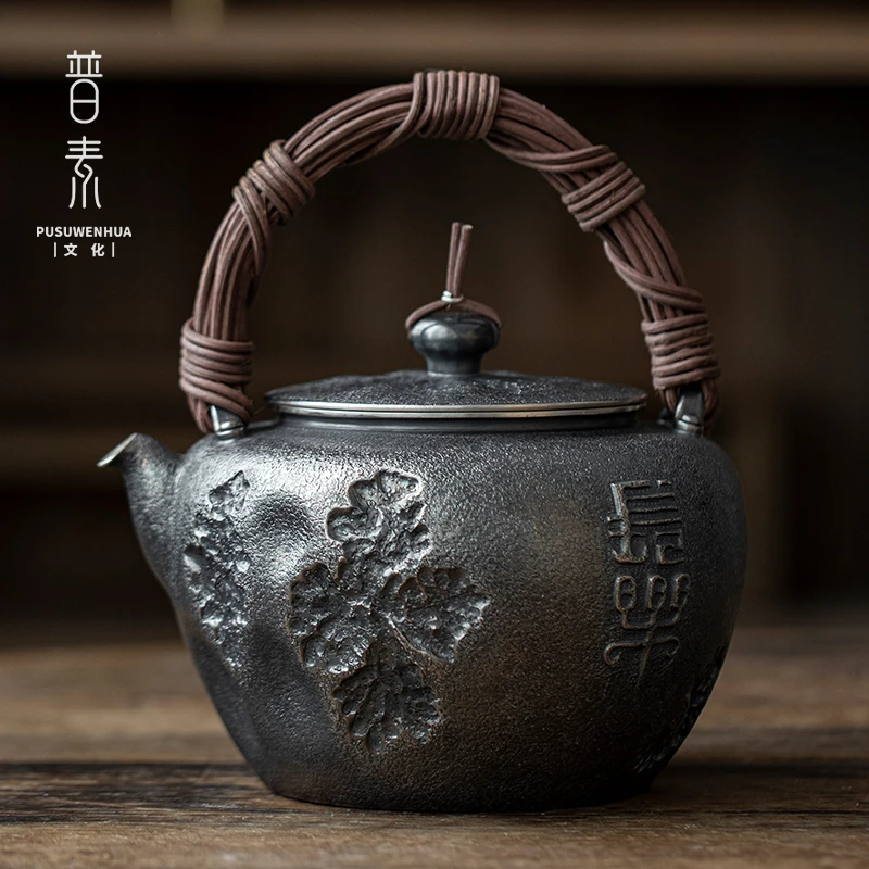 普素 长乐 银壶足银999提梁壶 烧水壶纯手工一张打家用复古大容量