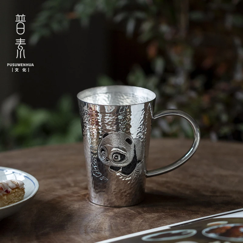 普素 银水杯999足银中式卡通熊猫马克杯茶杯咖啡杯家用童趣茶具