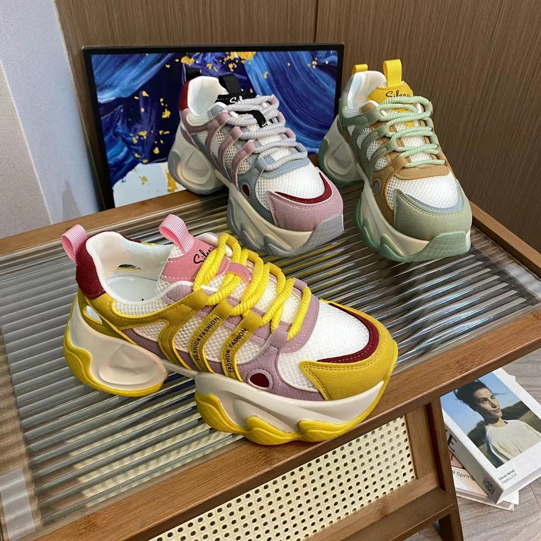 老爹鞋女2024夏季新款厚底增高网面透气百搭休闲运动鞋拼色时尚