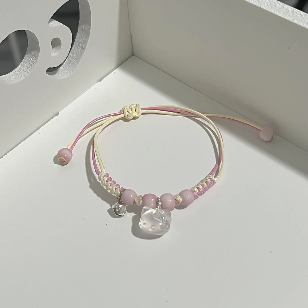 合成金属手链 卡通凯蒂猫helloKitty手链抽拉式时尚粉色手工编织