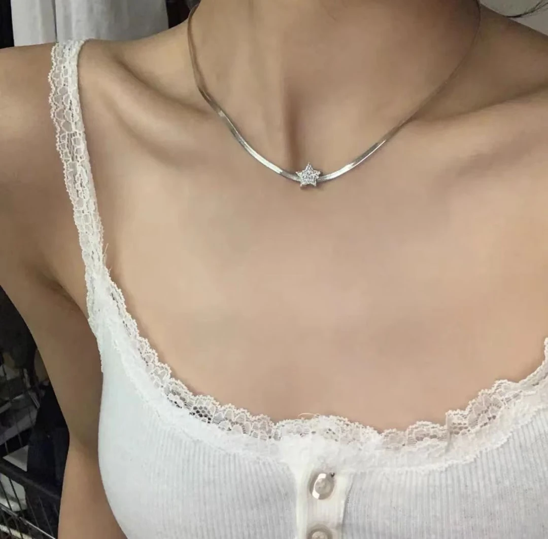 钛钢项链 小众女项链星星蛇骨链女满钻百搭简约银色ins气质素款酷