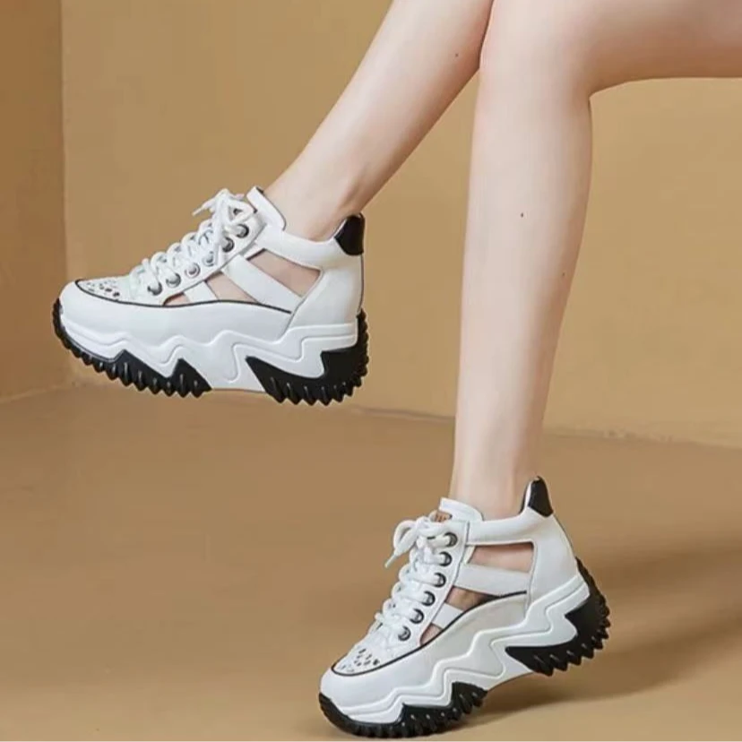 新款系带厚底增高老爹鞋女2025夏季百搭时尚撞色镂空透气运动鞋女