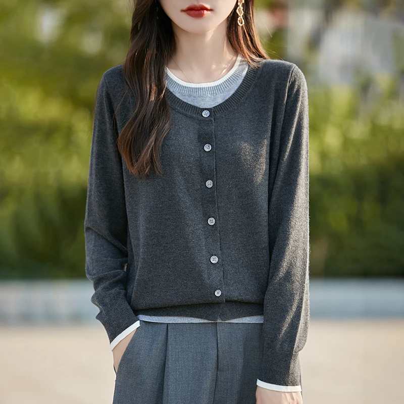 秋冬100%纯羊毛开衫圆领长袖新款宽松显瘦撞色假两件针织衫上衣