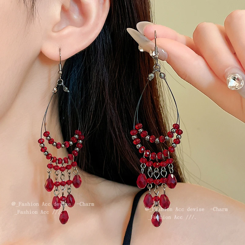 合金玻璃耳饰 复古水滴耳钩波西米亚时尚流苏耳环气质高级感耳饰