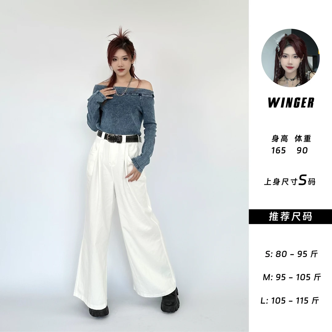 Winger 洗水做旧一字肩设计感秋季长袖小衫牛仔高腰设计师
