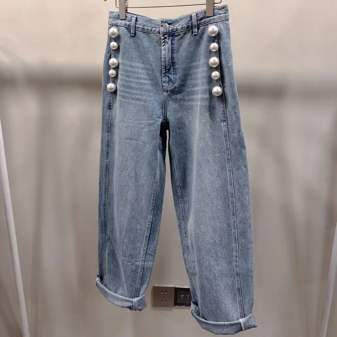 COTTONPINK女装设计师款不规则珍珠牛仔裤长裤